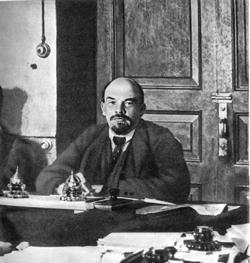Lenin presides at a meeting of the Council of People's Commissars in 

        1918 upon recovery from his wounds